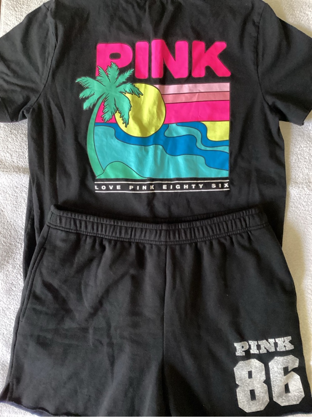 Victoria’s Secret PINK Tropical Palm Sunset Shirt M Campus Fleece Shorts L